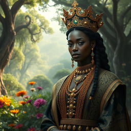 A stunningly beautiful thick black queen, adorned in regal attire that reflects ancient royal elegance, with intricate gold jewelry and a majestic crown