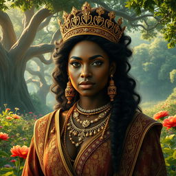 A stunningly beautiful thick black queen, adorned in regal attire that reflects ancient royal elegance, with intricate gold jewelry and a majestic crown