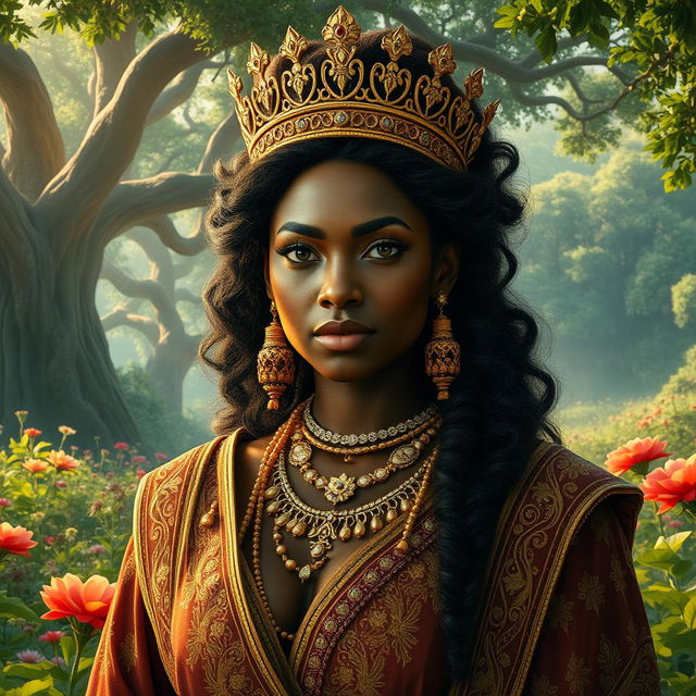 A stunningly beautiful thick black queen, adorned in regal attire that reflects ancient royal elegance, with intricate gold jewelry and a majestic crown