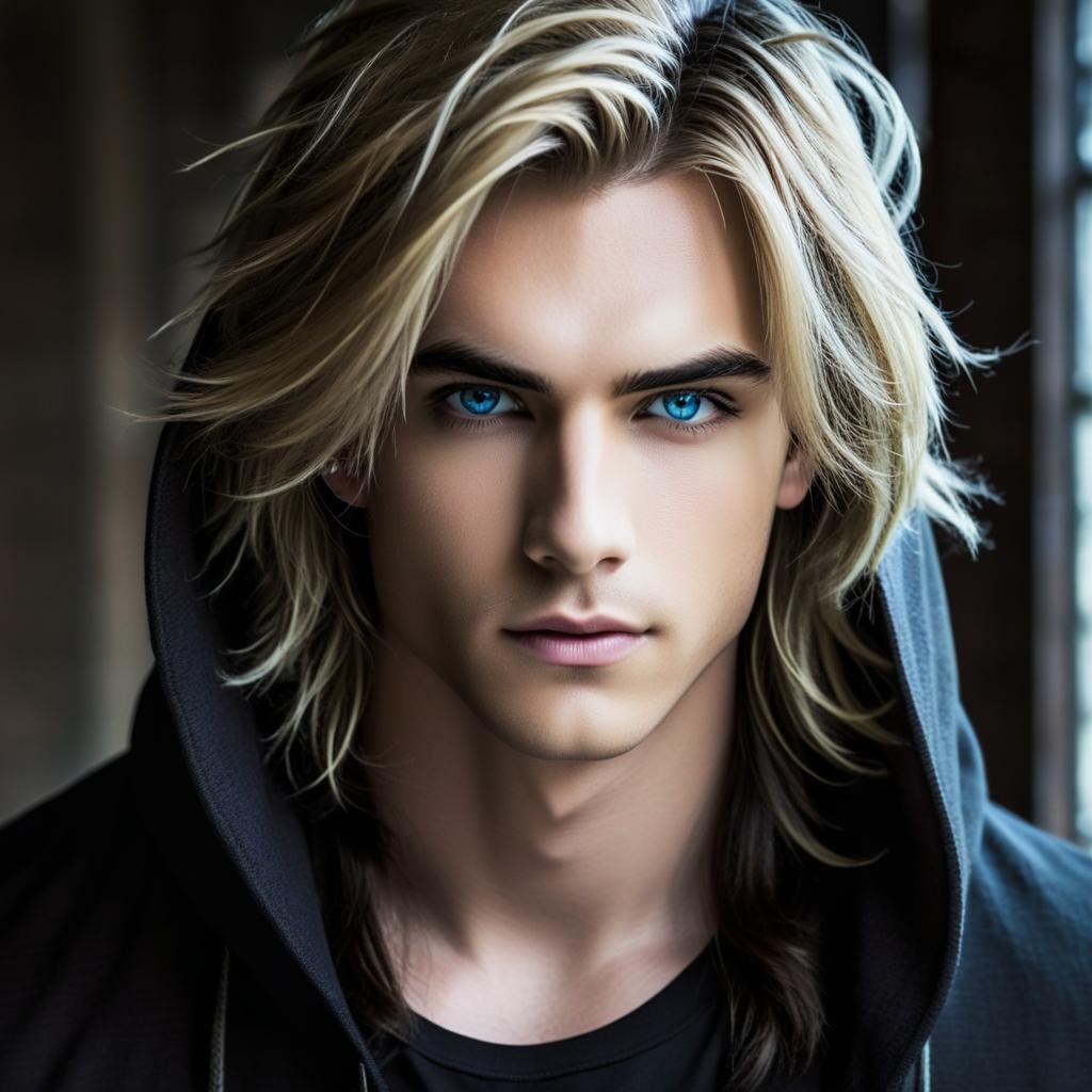 teenager , the hero of a fantasy novel, dark hair, blue eyes, very beautiful, long hair , powerful gaze, page haircut, misterious, from the dream world