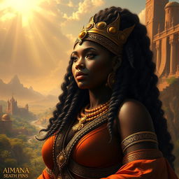 A powerful and majestic black queen from ancient times, depicted as an embodiment of beauty and confidence