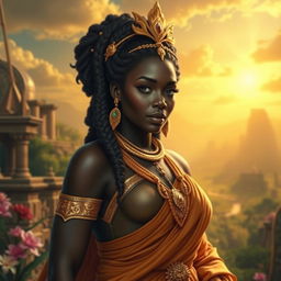 A powerful and majestic black queen from ancient times, depicted as an embodiment of beauty and confidence