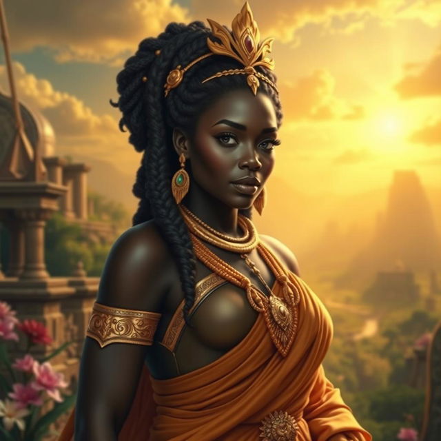 A powerful and majestic black queen from ancient times, depicted as an embodiment of beauty and confidence
