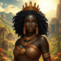 A powerful and majestic black queen from ancient times, depicted as an embodiment of beauty and confidence