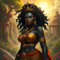 A powerful and majestic black queen from ancient times, depicted as an embodiment of beauty and confidence