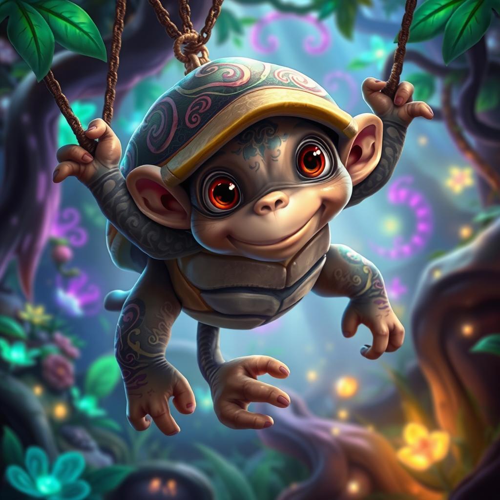 A fantastical creature that is a blend between a turtle and a monkey, featuring an intricate, mystical design