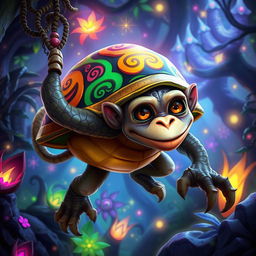 A fantastical creature that is a blend between a turtle and a monkey, featuring an intricate, mystical design