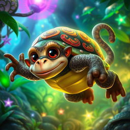 A fantastical creature that is a blend between a turtle and a monkey, featuring an intricate, mystical design