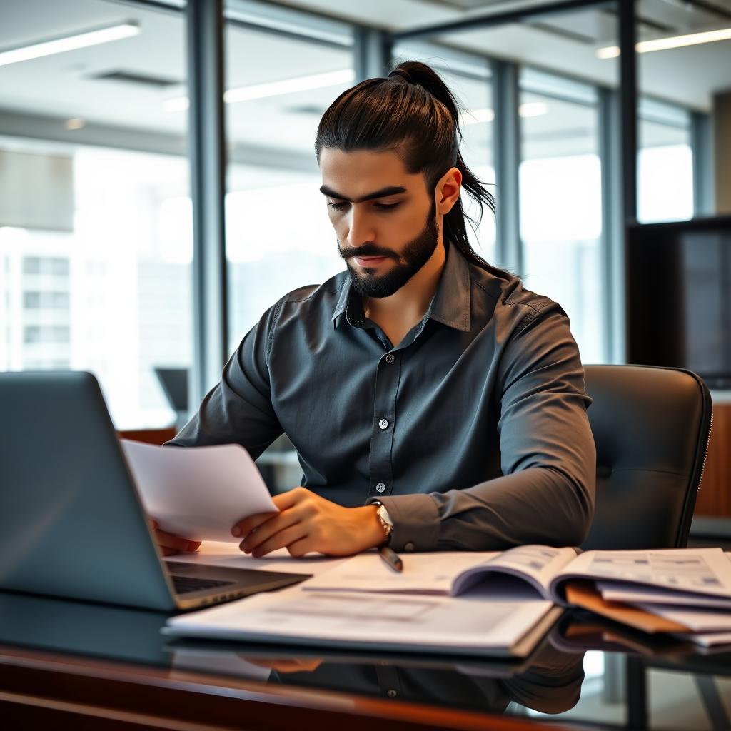 A young man with long black hair neatly tied in a ponytail and a well-groomed short beard, dressed in a stylish long-sleeved shirt, diligently working on an audit at a corporate office