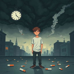 A dramatic illustration of a teenager surrounded by dark clouds, symbolizing the negative impact of smoking