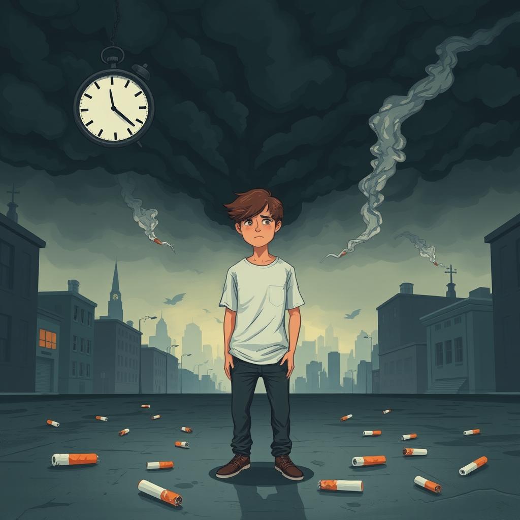 A dramatic illustration of a teenager surrounded by dark clouds, symbolizing the negative impact of smoking