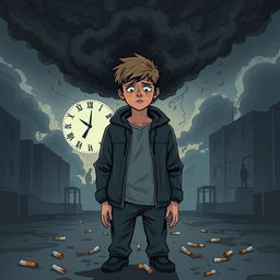 A dramatic illustration of a teenager surrounded by dark clouds, symbolizing the negative impact of smoking