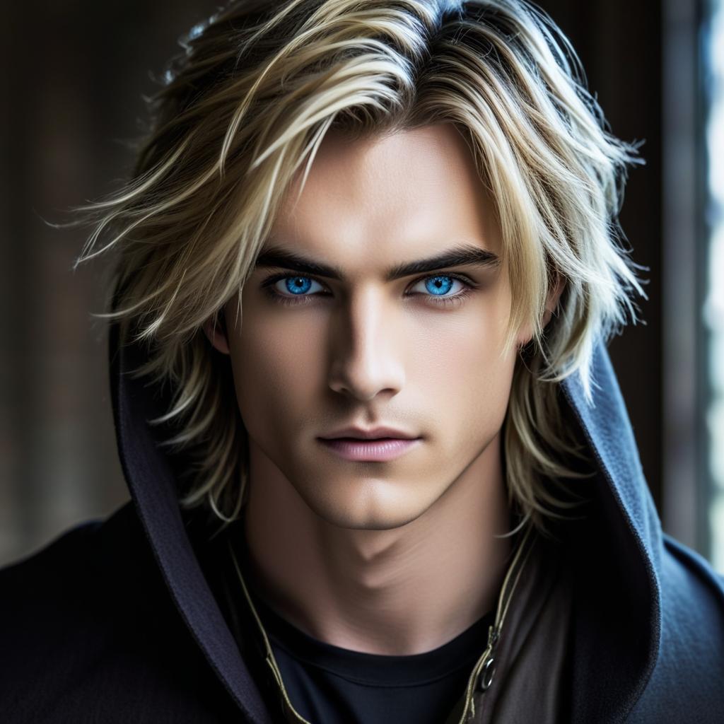 teenager , the hero of a fantasy novel, dark hair, blue eyes, very beautiful, powerful gaze, Middle Age page haircut, knight mysterious, from the dream world, brunet