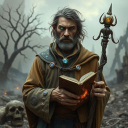 A weathered human male divination wizard stands against a crumbling apocalyptic landscape