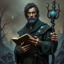 A weathered human male divination wizard stands against a crumbling apocalyptic landscape