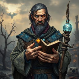 A weathered human male divination wizard stands against a crumbling apocalyptic landscape