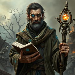 A weathered human male divination wizard stands against a crumbling apocalyptic landscape