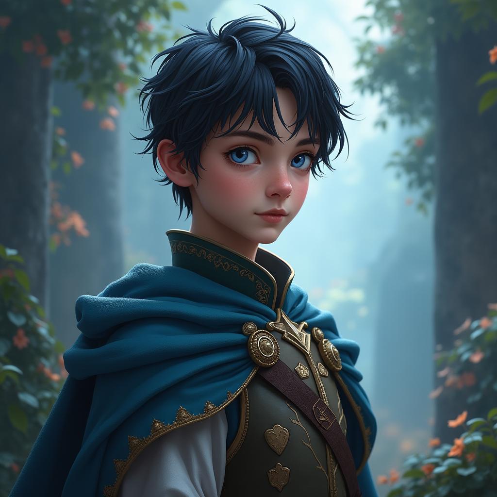 A young hero from a fantasy novel, characterized by dark, lustrous hair styled in a Middle Age page haircut and striking blue eyes