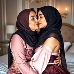 Two hijab-wearing women, one aged 45 and the other aged 18, both with large breasts, in a luxurious setting