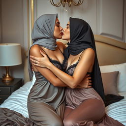 Two hijab-wearing women, one aged 45 and the other aged 18, both with large breasts, in a luxurious setting