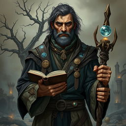 A weathered male human divination wizard standing against a crumbling, apocalyptic landscape