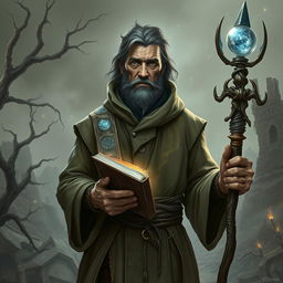 A weathered male human divination wizard standing against a crumbling, apocalyptic landscape