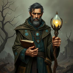 A weathered male human divination wizard standing against a crumbling, apocalyptic landscape