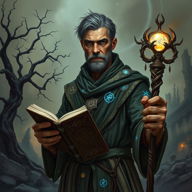 A weathered male human divination wizard standing against a crumbling, apocalyptic landscape