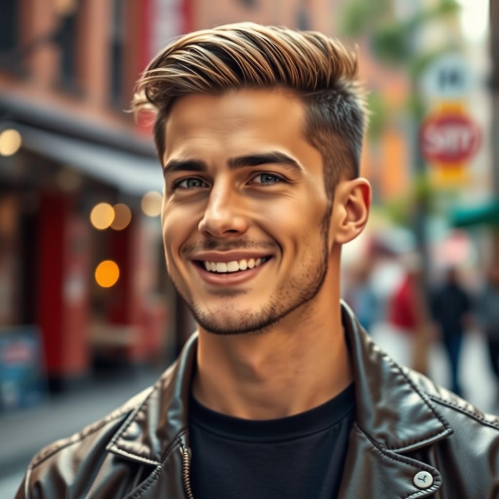 A visually striking male profile picture featuring a handsome man with a well-defined jawline, styled hair, and a confident smile