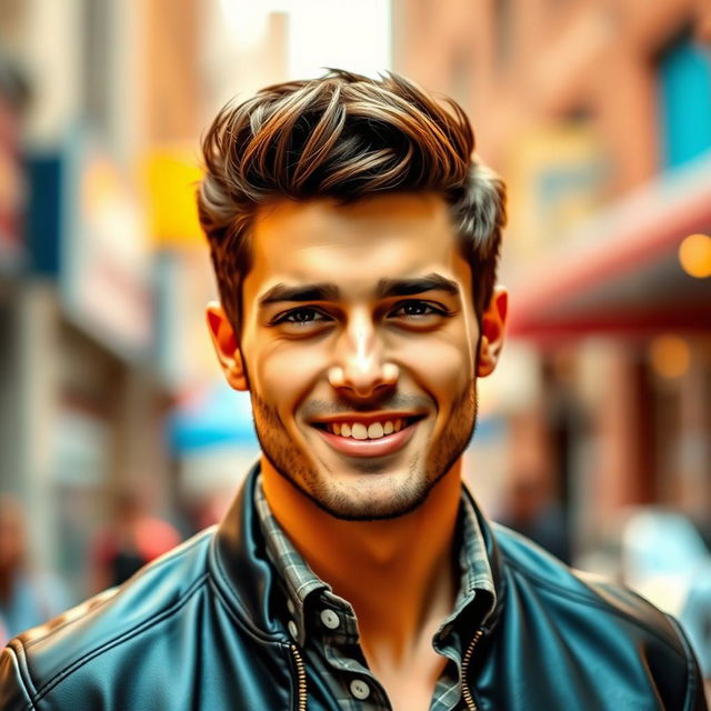 A visually striking male profile picture featuring a handsome man with a well-defined jawline, styled hair, and a confident smile