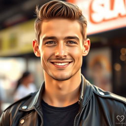 A visually striking male profile picture featuring a handsome man with a well-defined jawline, styled hair, and a confident smile