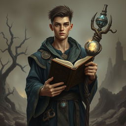 A young 30-year-old male human divination wizard stands against a crumbling, apocalyptic landscape