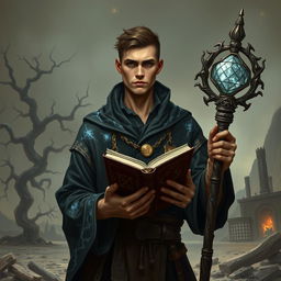 A young 30-year-old male human divination wizard stands against a crumbling, apocalyptic landscape