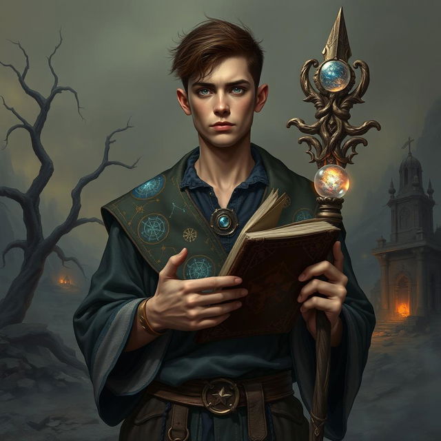A young 30-year-old male human divination wizard stands against a crumbling, apocalyptic landscape