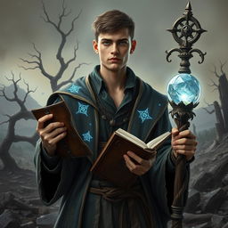 A young 30-year-old male human divination wizard stands against a crumbling, apocalyptic landscape