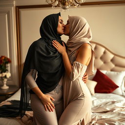 A sensual and intimate scene featuring two women in a luxurious bedroom, one 45 years old and the other 18, both wearing elegant hijabs