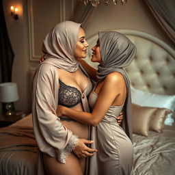A sensual and intimate scene featuring two women in a luxurious bedroom, one 45 years old and the other 18, both wearing elegant hijabs