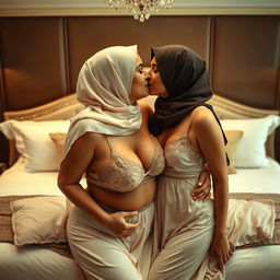 A sensual and intimate scene featuring two women in a luxurious bedroom, one 45 years old and the other 18, both wearing elegant hijabs