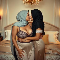 A sensual and intimate scene featuring two women in a luxurious bedroom, one 45 years old and the other 18, both wearing elegant hijabs