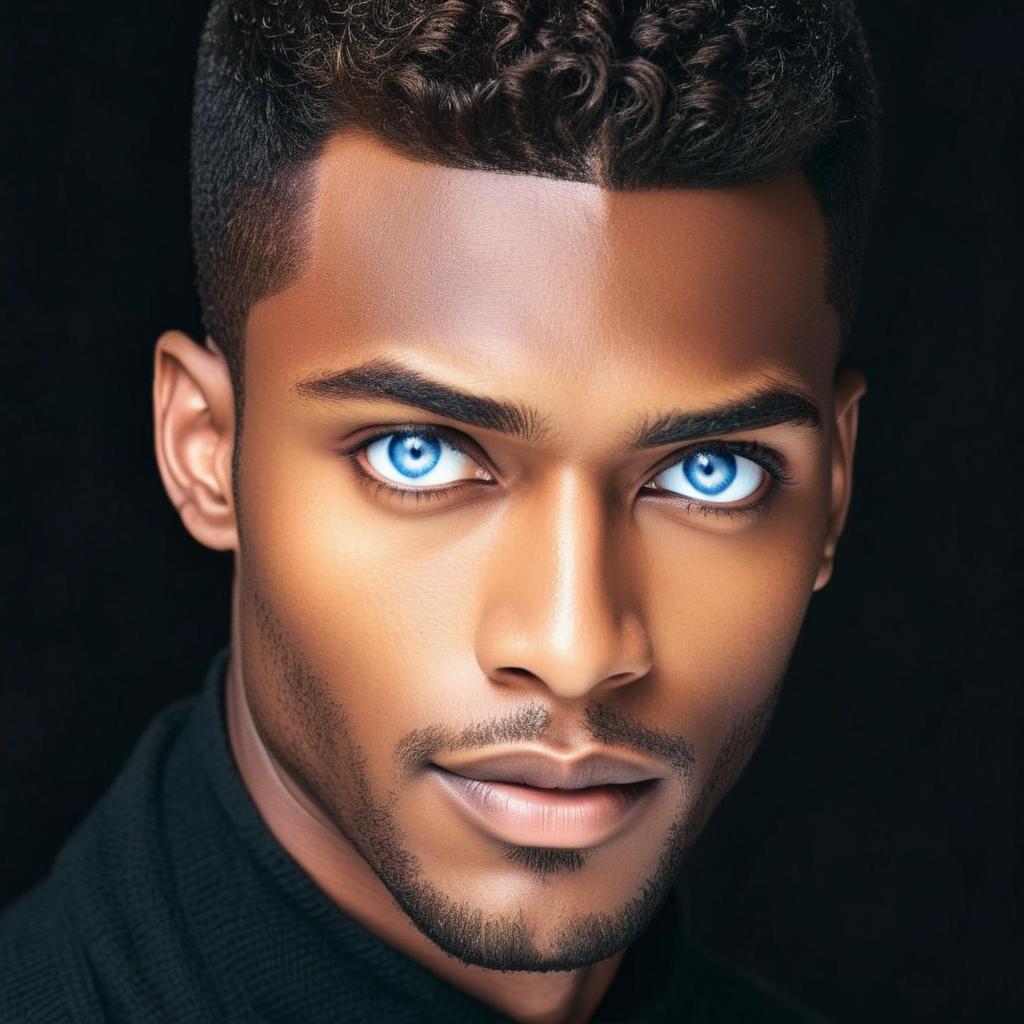 teenager , the hero of a fantasy novel, dark hair, blue eyes, dark skin,  very handsome, powerful gaze, truth master