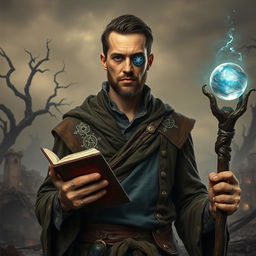 A 35-year-old male divination wizard stands resolutely against a crumbling, apocalyptic landscape