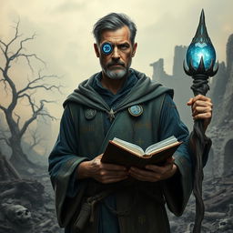A 35-year-old male divination wizard stands resolutely against a crumbling, apocalyptic landscape