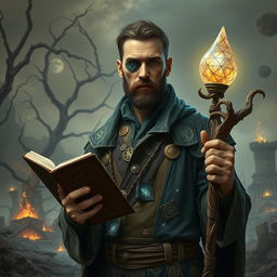 A 35-year-old male divination wizard stands resolutely against a crumbling, apocalyptic landscape