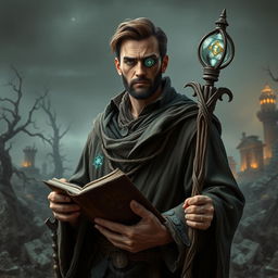 A 35-year-old male divination wizard stands resolutely against a crumbling, apocalyptic landscape