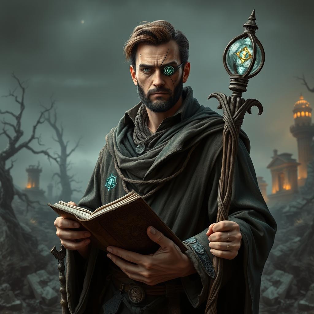 A 35-year-old male divination wizard stands resolutely against a crumbling, apocalyptic landscape