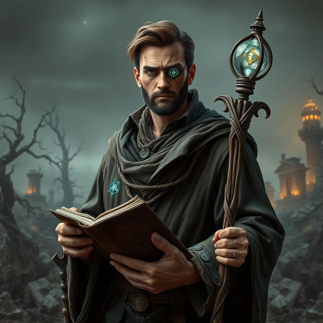 A 35-year-old male divination wizard stands resolutely against a crumbling, apocalyptic landscape