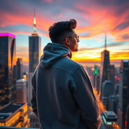 A cool person standing and looking over a vibrant cityscape, wearing a stylish hoodie sweater