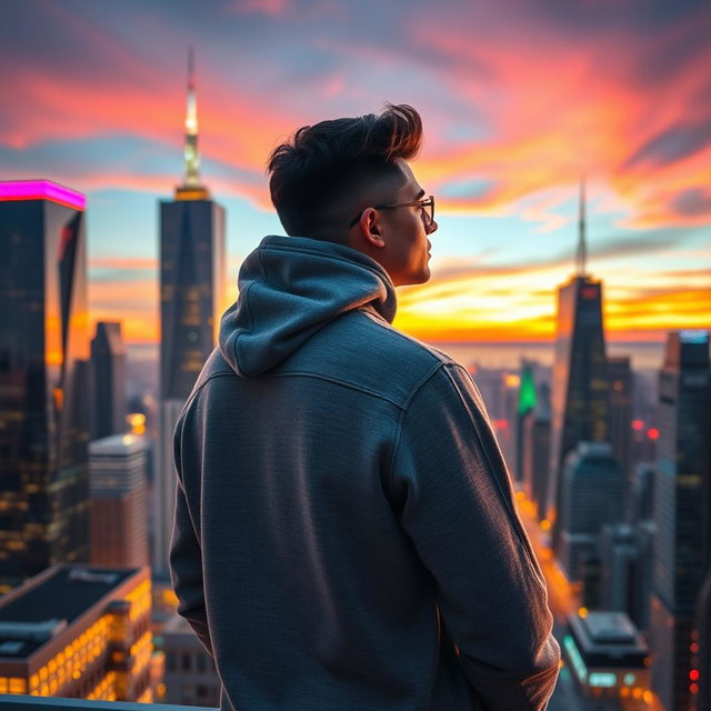 A cool person standing and looking over a vibrant cityscape, wearing a stylish hoodie sweater