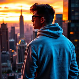 A cool person standing and looking over a vibrant cityscape, wearing a stylish hoodie sweater