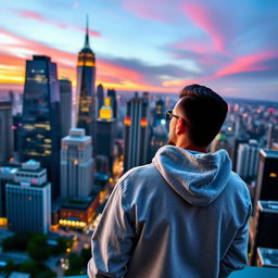 A cool person standing and looking over a vibrant cityscape, wearing a stylish hoodie sweater